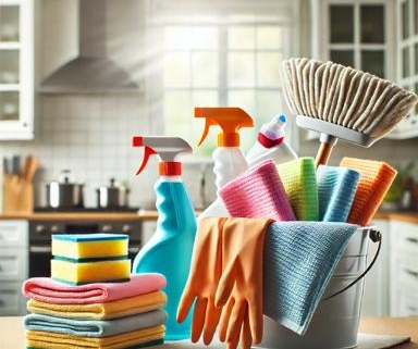 Herramientas de limpieza como trapos y productos organizados, para evitar errores comunes al limpiar en casa.