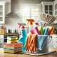 Herramientas de limpieza como trapos y productos organizados, para evitar errores comunes al limpiar en casa.