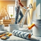 Persona pintando una pared con un rodillo y herramientas, errores comunes al pintar una casa.