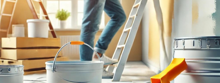 Persona pintando una pared con un rodillo y herramientas, errores comunes al pintar una casa.