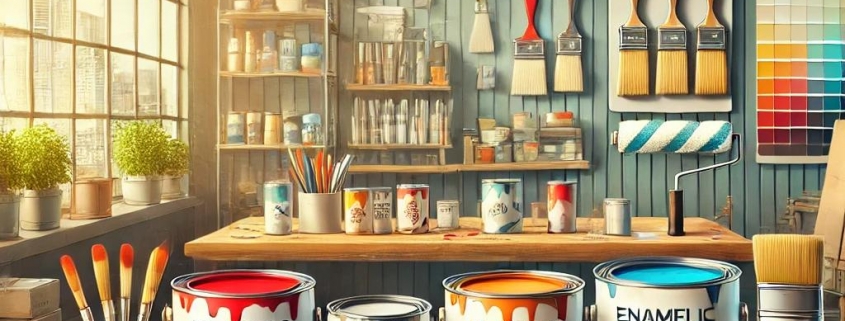 Ilustración de tipos de pintura y herramientas en un entorno profesional.