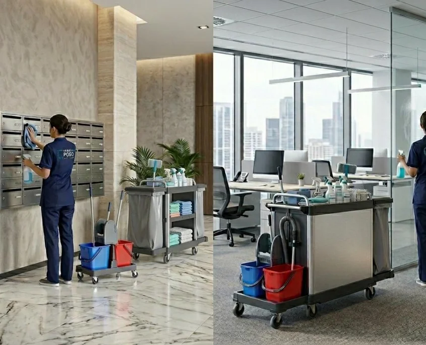 Empresa de limpieza en Madrid realizando trabajos en comunidad de vecinos y oficina