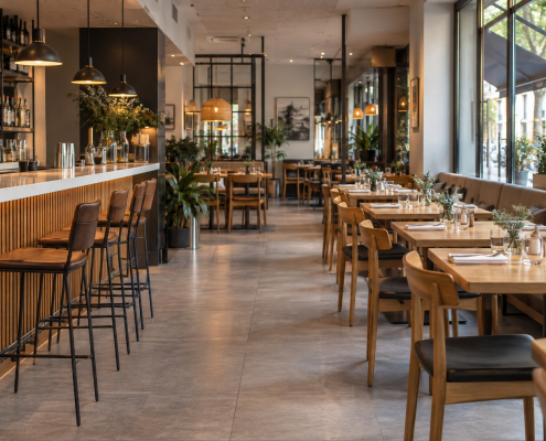 Restaurante ordenado con comedor, barra y suelo limpio antes de abrir.