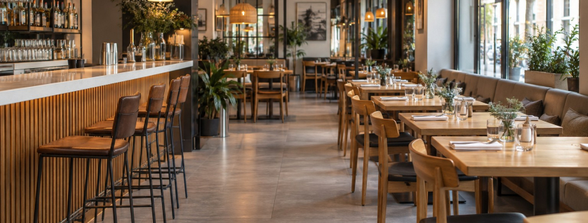 Restaurante ordenado con comedor, barra y suelo limpio antes de abrir.